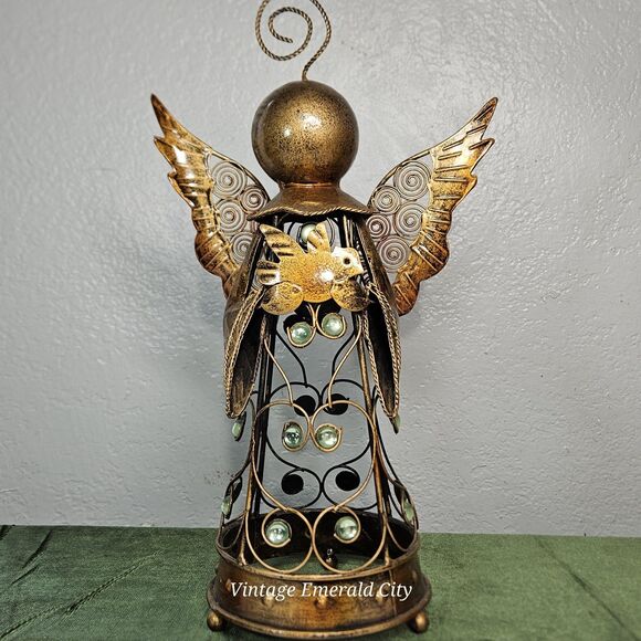 Vtg Metal Filigree Angel Garden Statue 15" Bronze Color Green Glass Taper Decor - Picture 4 of 12
